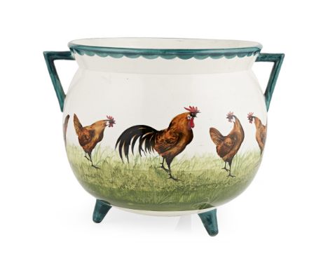 A LARGE WEMYSS WARE GYPSY FLOWER POT  'BROWN COCKEREL AND HENS' PATTERN, CIRCA 1900   impressed mark WEMYSS WARE/ R. H. & S.,