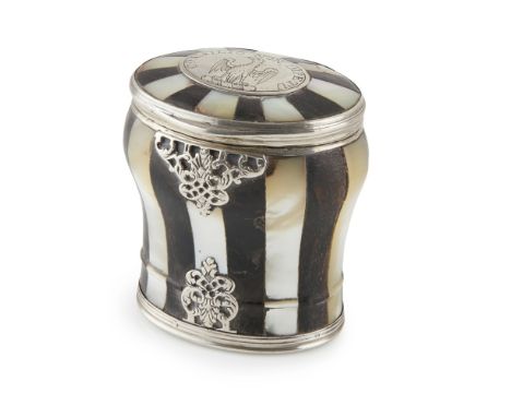 A FINE MID EIGHTEENTH CENTURY EBONY AND MOTHER OF PEARL BALUSTER SNUFF MULL  CIRCA 1740   of conventional baluster shape with