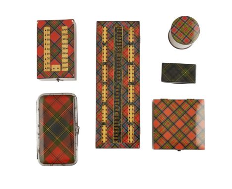 A GROUP OF MAUCHLINE 'TARTAN WARE'  LATE 19TH CENTURY   comprising a CRIBBAGE BOX, 12cm long and a ROWENTREES CHOCOLATE BOX, 