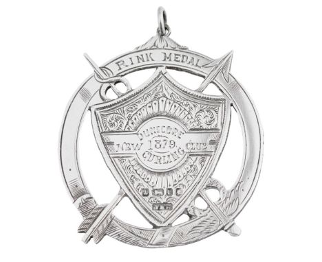 A VICTORIAN CURLING MEDAL  unmarked, of circular outline with belted garter borders, the central shield engraved Dunscore Cur