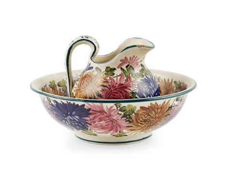 A SMALL WEMYSS WARE EWER AND BASIN  'CHRYSANTHEMUMS' PATTERN, EARLY 20TH CENTURY   decorated by Edwin Sandland, with painted 