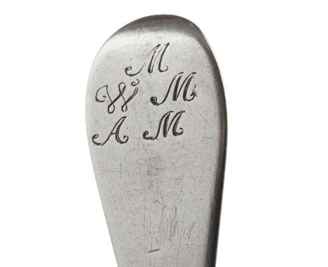 PERTH - A PAIR OF SCOTTISH PROVINCIAL TABLESPOONS  J & F BROWN   marked IB, armorial, FM, of slender Hanoverian pattern with 