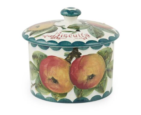 A WEMYSS WARE BISCUIT BARREL AND COVER  'APPLES' PATTERN, CIRCA 1900   bearing inscription BISCUITS, impressed mark WEMYSS WA