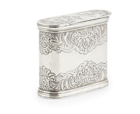 A GEORGE IV SNUFF BOX  JOHN MCKAY, EDINBURGH 1824,   of standing rectangular form with rounded ends, the body with chased bor