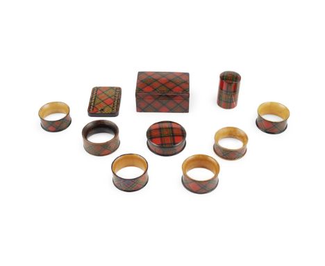 A GROUP OF MAUCHLINE 'TARTAN WARE'  'STUART' TARTAN, LATE 19TH CENTURY   comprising SIX NAPKIN RINGS, LARGEST 5.55.5cm diamet