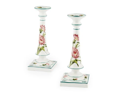 A NEAR PAIR OF WEMYSS WARE TALL CANDLESTICKS  'CARNATIONS' PATTERN, CIRCA 1900   impressed marks WEMYSS WARE/ R. H. & S. (2) 