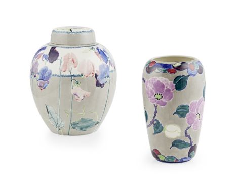 A BOUGH POTTERY GINGER JAR AND COVER  CIRCA 1925   decorated by Elizabeth Amour with Sweet Peas, 26cm high; and a VASE, decor