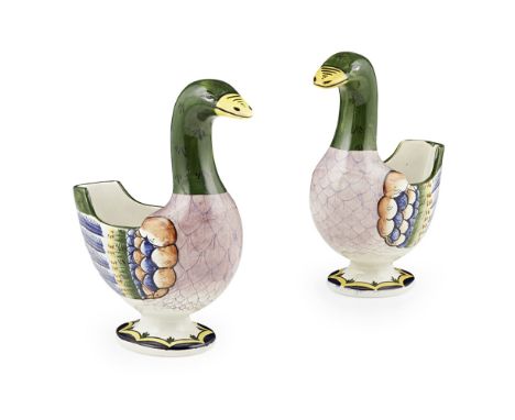 TWO LARGE WEMYSS WARE GEESE FLOWER HOLDERS  CIRCA 1900   impressed marks WEMYSS WARE/ R. H. & S., one with printed retailer's