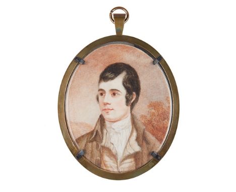 AFTER ALEXANDER NASMYTH  PORTRAIT MINIATURE OF ROBERT BURNS, 19TH CENTURY   of oval form, watercolour on ivory, in a glazed b