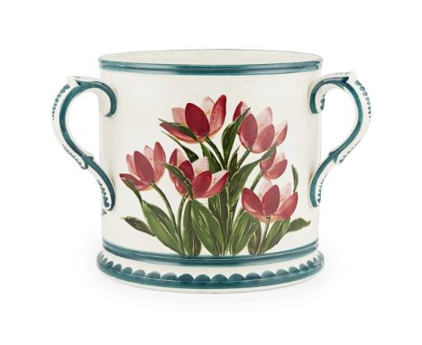A LARGE WEMYSS WARE LOVING CUP  'TULIPS' PATTERN, CIRCA 1900   impressed mark WEMYSS WARE/ R. H. & S.  25cm diameter