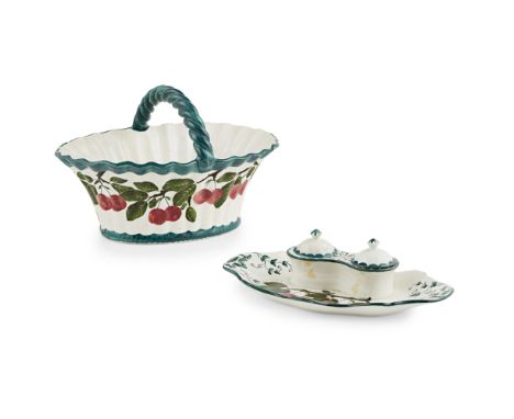 A MEDIUM WEMYSS WARE BASKET  'CHERRIES' PATTERN, EARLY 20TH CENTURY   impressed mark WEMYSS, 29.5cm across; together with a '