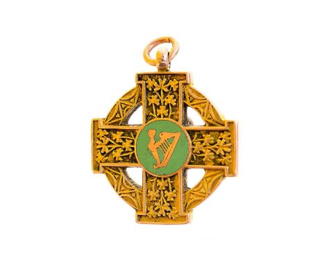 CELTIC F.C., GOLD MEDAL, CIRCA 1935/36  the obverse with enamel Celtic harp motif, within Celtic cross cast with shamrocks in