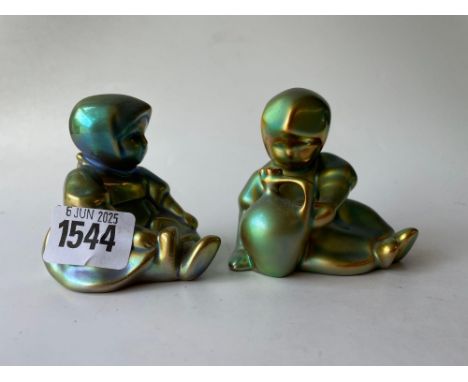 Zsolnay, Pair of Dutch seated children 3 in high lustre
