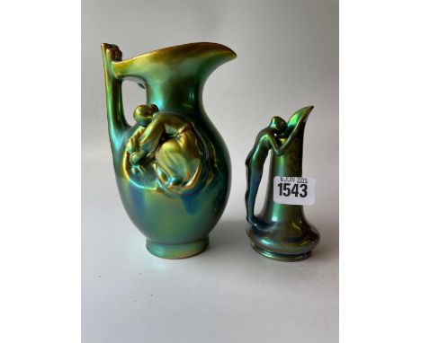 Zsolnay lustre vase, ewer shaped 7 in high nd another with figure handle. 5 in high