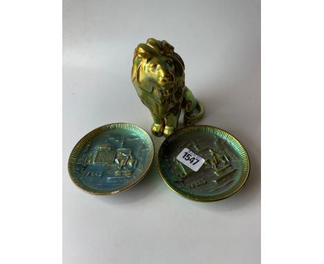 Zsolnay seated figure of a lion and two dishes. 6 in high