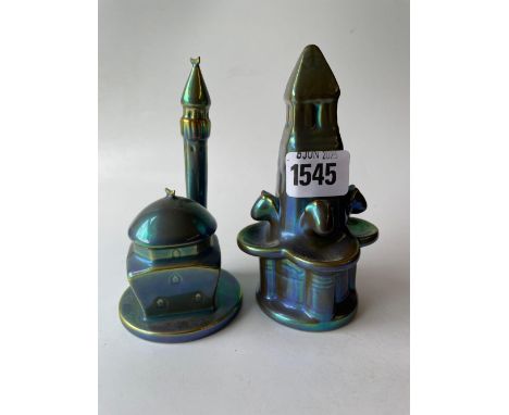 Two similar architectural statues, Zsolnay. 5.5 in high