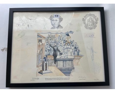 Framed Banknote designer drawings of 50 pound, 20 pound, &amp; 5 pound (3) ltd 220/500