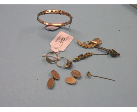 9ct. gold jewellery, engraved bangle, two rings, pair of cuff-links, engraved locket and a crescent brooch, also to include a