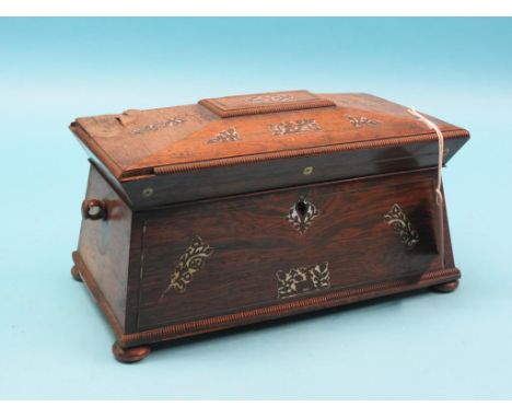 An early Victorian rosewood tea caddy, sarcophagus-shape with inlaid mother of pearl, twin canisters with hinged covers, 14in