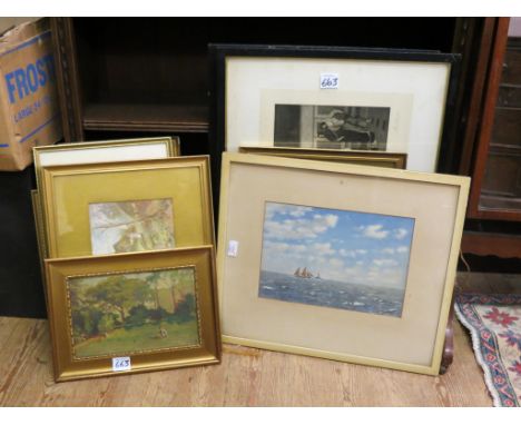 Harry Edan - gouache, seascape with sailing boat and a steamer, signed and dated 1935, 10 x 14in., together with a pair of si