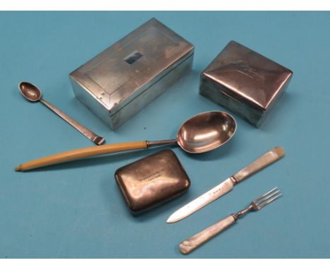 Two silver cigarette boxes, silver plated ladle with long bone handle, etc.