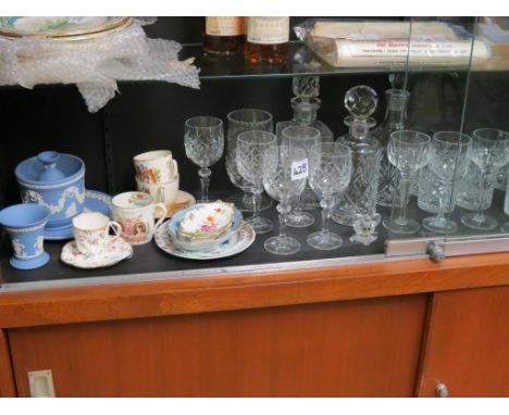 A mid-19th century Spode dish, other ornamental china, drinking glassware including three decanters, each with stopper