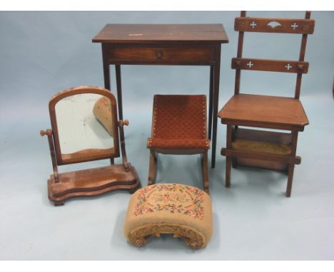 A Georgian mahogany side table, with single drawer, 2ft. 3in., together with a Victorian walnut metamorphic library chair, up