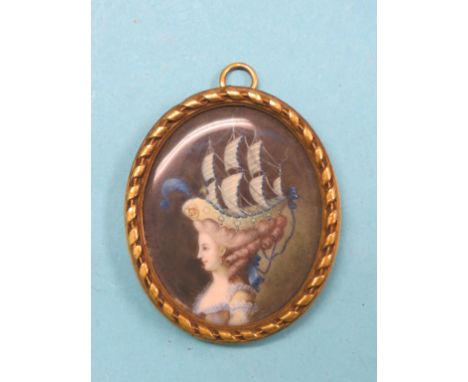 An 18th/19th century portrait miniature, oval portrait bust of a young lady, elaborate head-dress with galleon surmount, prob