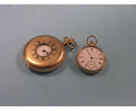A 9ct. gold half-hunter pocket watch, enamelled dial with subsidiary seconds, and a smaller engraved 14ct. gold fob watch, bo