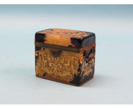A good Victorian tortoiseshell-effect glass tea caddy, rectangular-shape brightly gilded with serpents and scrolling foliage,