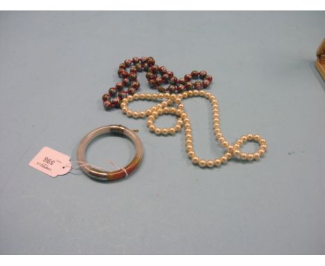 A jade-type bangle, with yellow metal mounts, cloisonne-effect bead necklace and a pearl-type necklace