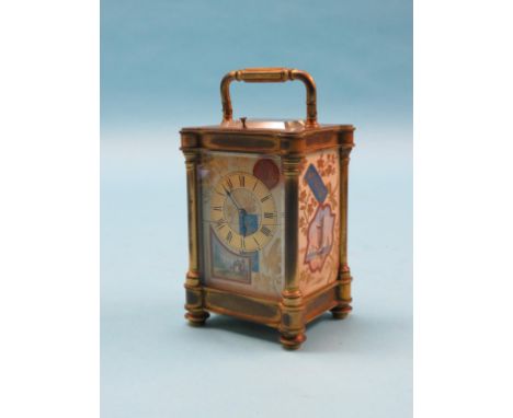 A late 19th century French brass carriage clock in aesthetic-style, porcelain dial and side panels brightly enamelled and gil