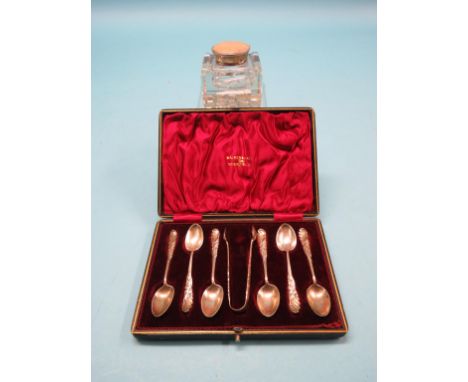 A silver-mounted glass inkwell, square-shape with hinged shagreen, Sheffield 1903, together with a set of six Walker & Hall s