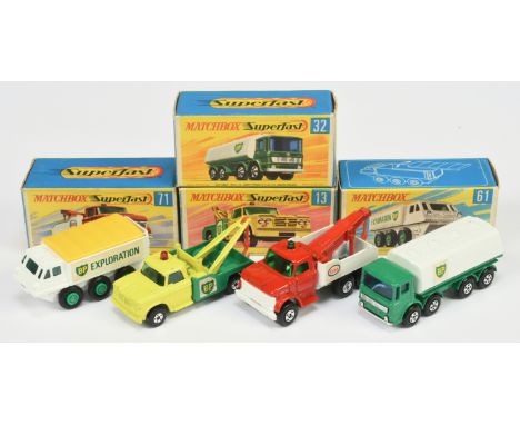 Matchbox Superfast Group Of 4 - (1) 13 Dodge "BP" Wrecker - Yellow and Green, (2) 32a Leyland "BP" Tanker - Green and White, 