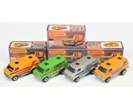 Matchbox Superfast 68c Chevrolet Van group - all are bare metal base, blue windows, 5 crown front wheels (1) orange body with