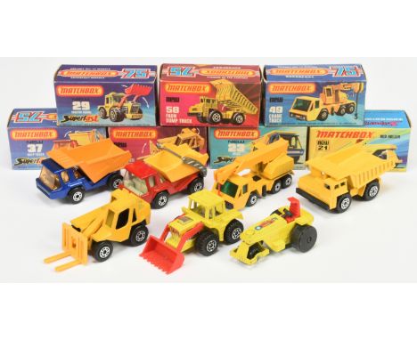 Matchbox Superfast Group Of 7 To Include - 23b Atlas Tipper - Blue, orange tipper, 29c Tractor Shovel - Yellow including Base