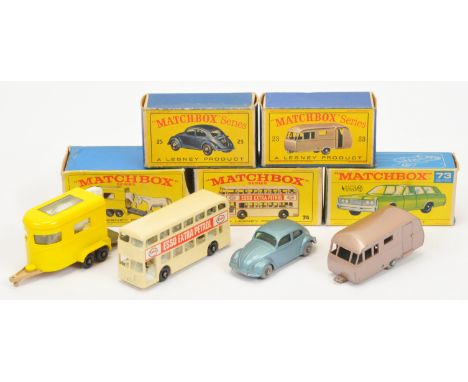 Matchbox Regular Wheels A Group Of 5 - (1) 23c Bluebird Dauphine caravan - Metallic Mauve, grey plastic wheels (2) 25b Volksw