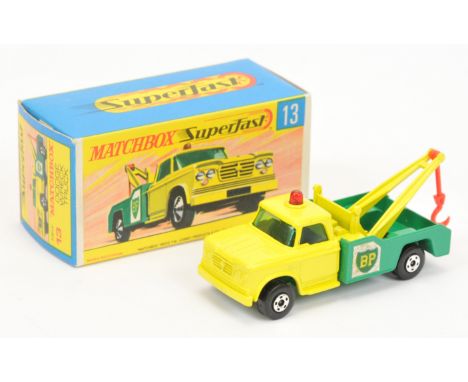 Matchbox Superfast 13a Dodge Wreck Truck "BP" - Yellow cab and jibs, green back with "BP" labels, red roof light and plastic 