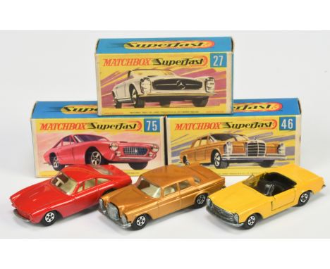 Matchbox Superfast Group Of 3 - (1) 27a Mercedes 280Sl - Yellow body, black interior, 46a Mercedes 300 SE - Gold body, cast s