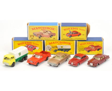 Matchbox Regular Wheels group (1) 25c Bedford TK BP Tanker - with silver trim, 45-tread black plastic wheels; (2) 25d Ford Co