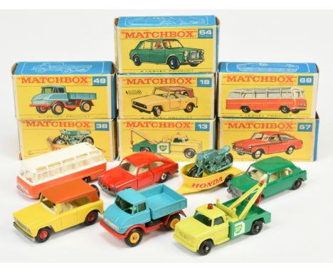Matchbox Regular Wheels group to include 13D Dodge Wreck Truck "BP" labels - yellow, green, red plastic hook and roof-light; 