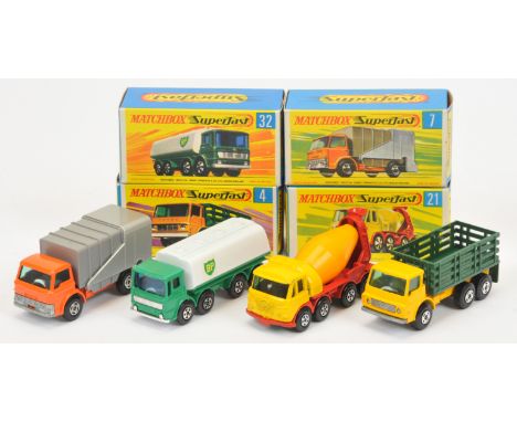 Matchbox Superfast A Group Of 4 -&nbsp; (1) 4a Dodge Stake truck - Deep yellow cab and chassis, green stake back, with tow gu