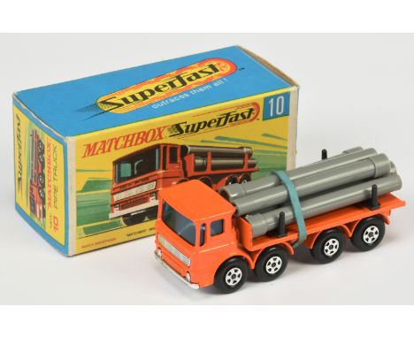 Matchbox Superfast 10a Leyland Pipe Truck - Orange cab and chassis, chrome base and grille with tow guide, 6 X grey plastic p