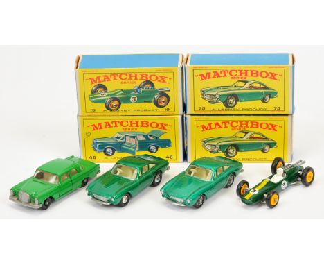 Matchbox Regular Wheels A Group Of 4 - (1) 19d Lotus Racing Car - Green, yellow plastic hubs and racing No.3, (2) 46c Mercede