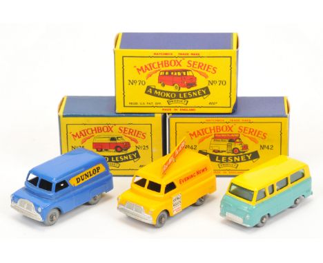 Matchbox Regular Wheels group (1) 25a Bedford CA Dunlop Van - matt black base, metal wheels with domed crimped axles (2) 42a 