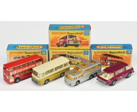 Matchbox Superfast Group Of 4 Buses - (1) 12b Setra Coach - Metallic Lime, (2) 22 Freeway Commuter - Metallic Magenta, (3) 66