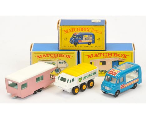 Matchbox Regular Wheels group (1) 23D Trailer Caravan - pale pink, white roof (2) 47b Commer Ice Cream Van - blue body, white