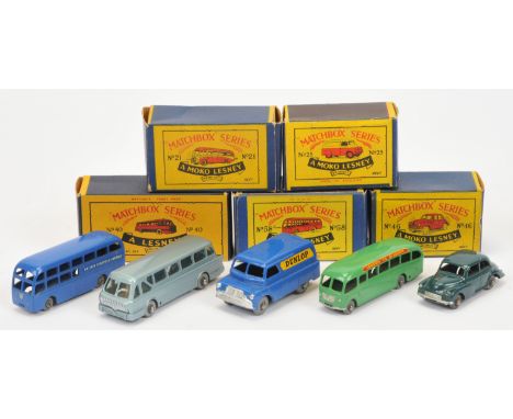 Matchbox Regular Wheels A Group Of 5 - (1) 21b Bedford Coach - Green, (2) 25a Bedford Van "Dunlop" - Blue, (3) 40b Leyland Ti