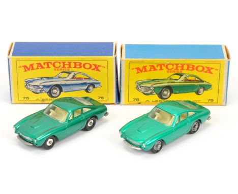 Matchbox Regular Wheels 75b Ferrari Berlinetta pair (1) metallic green body, wire wheels with black tyres -  (2) similar but 