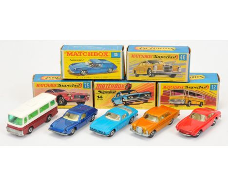Matchbox Superfast Group Of 5 - (1) 5a Lotus Europa - Blue body, narrow wheels, (2) 12 Setra Coach - Metallic Magenta - white